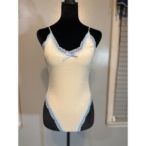 Pretty Garbage Lace Trim Bodysuit Cream Blue Coquette Skims Vibe S